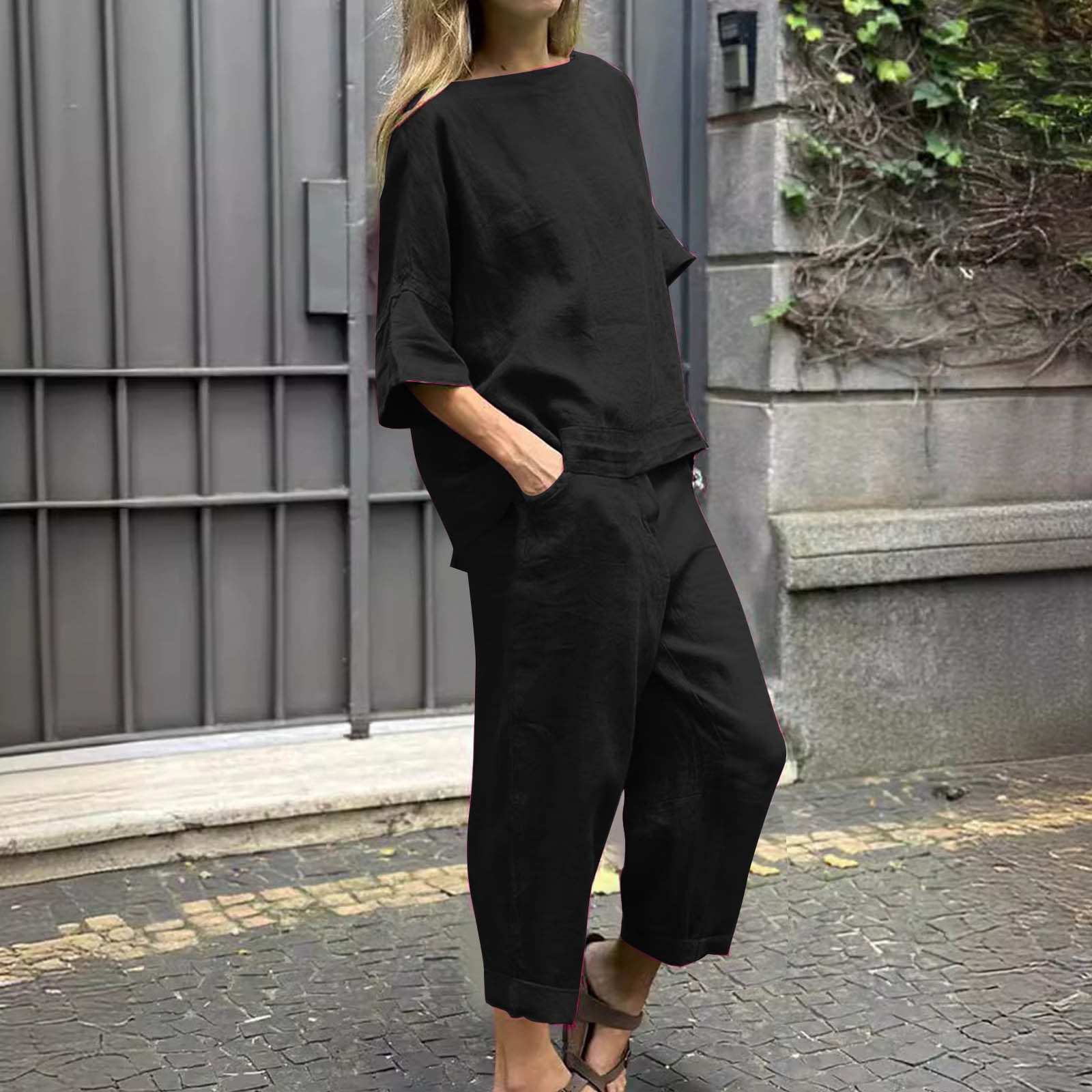 Linen Tops and Pants Set Women 2 Piece Loose Lounge Outfits Drop