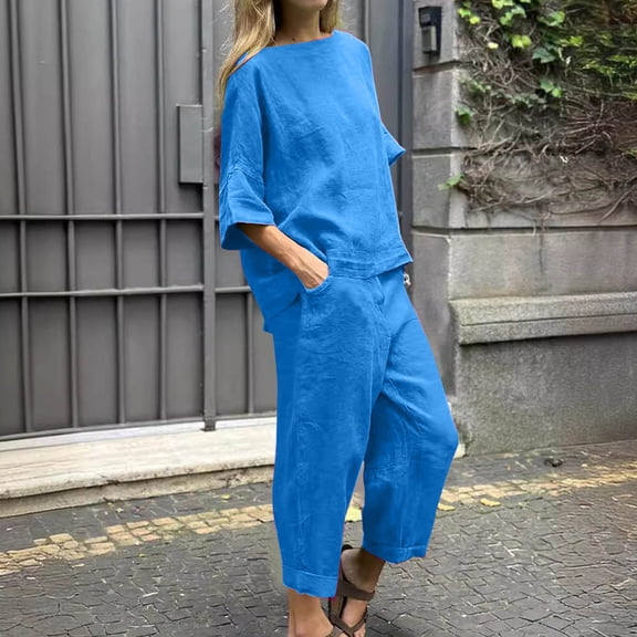 Linen Tops and Pants Set Women 2 Piece Loose Lounge Outfits Drop Shoulder 3/4 Sleeve T-shirt Pockets Wide Leg Trousers (L, Light Blue)