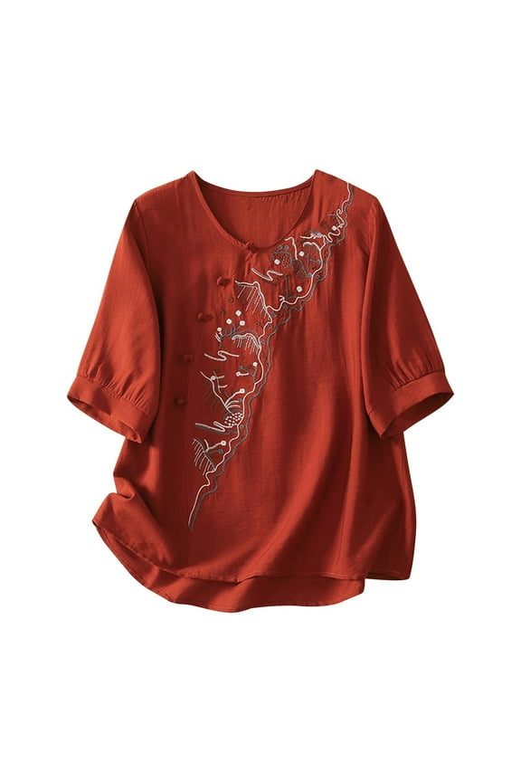 Linen Tops for Women 2025 Chinese Style Embroidered Floral Pattern Button Up Shirt Short Sleeve Loose Blouses (XL, Red #A)
