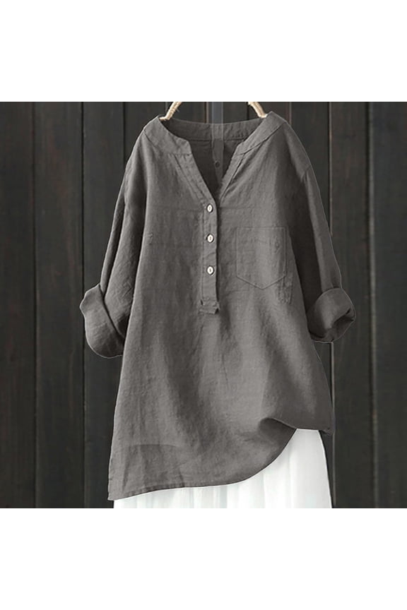 Linen Tops for Women 2026 Spring Boho Button Down V Neck Shirts Long Sleeve Gauze Blouses Plus Size Beach Vacation Clothes Gray L
