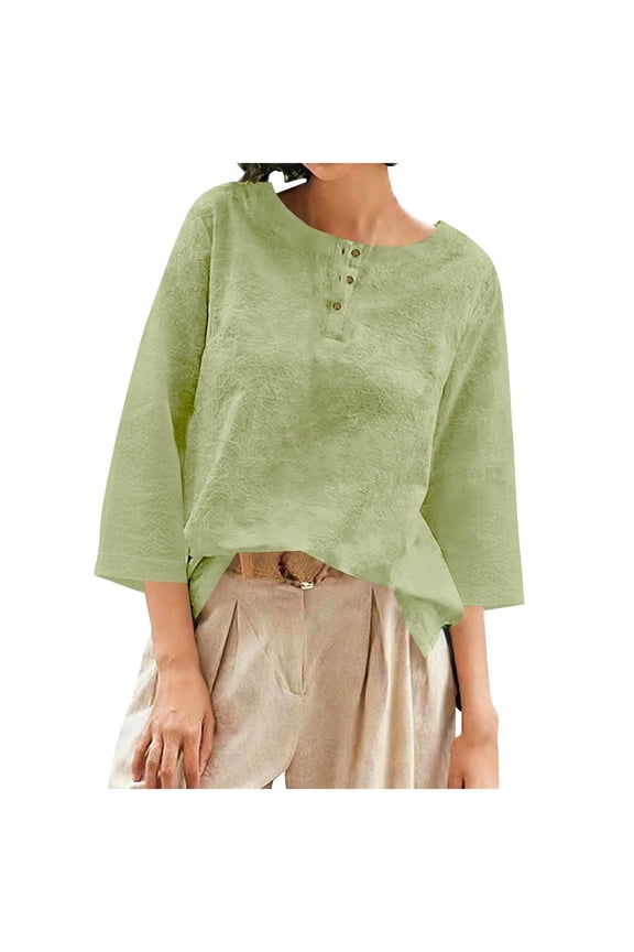 Linen Tops for Women 3/4 Sleeve Crew Neck Linen Cotton Shirts Casual Jacquard Boho Blouse Henley Collar Plain Shirt