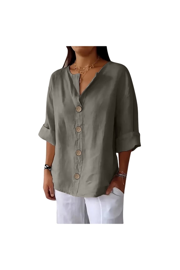 Linen Tops for Women Button Down V Neck 3/4 Sleeve Shirts Roll-Up Solid Casual Loose Fit Tunic Top Summer Seniors Blouses for Women Dressy