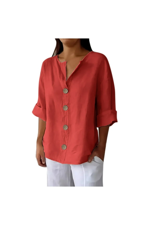 Linen Tops for Women Button Down V Neck 3/4 Sleeve Shirts Roll-Up Solid Casual Loose Fit Tunic Top Summer Seniors Blouses for Women Dressy