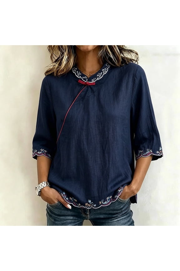 Linen Tops for Women Embroidered 3/4 Sleeve Bohemian Peasant Shirts Retro Chinese Frog Button Mandarin Collar Tops