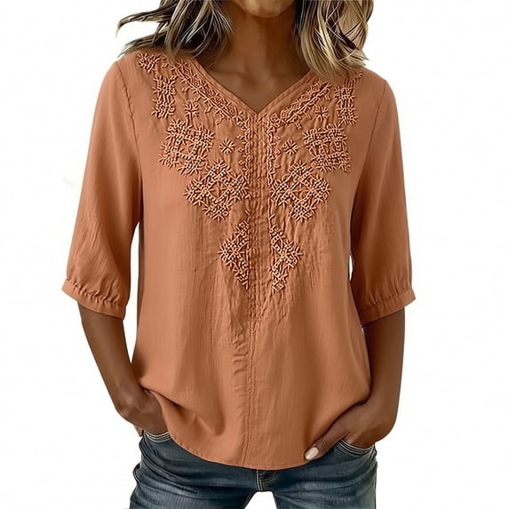 Linen Tops for Women Embroidered 3/4 Sleeve Bohemian Peasant Shirts V Neck Boho Spring 2026 Gauze Cotton Blouse Tunic