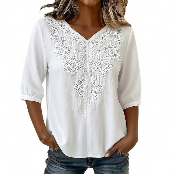 Linen Tops for Women Embroidered 3/4 Sleeve Bohemian Peasant Shirts V Neck Boho Spring 2026 Gauze Cotton Blouse Tunic