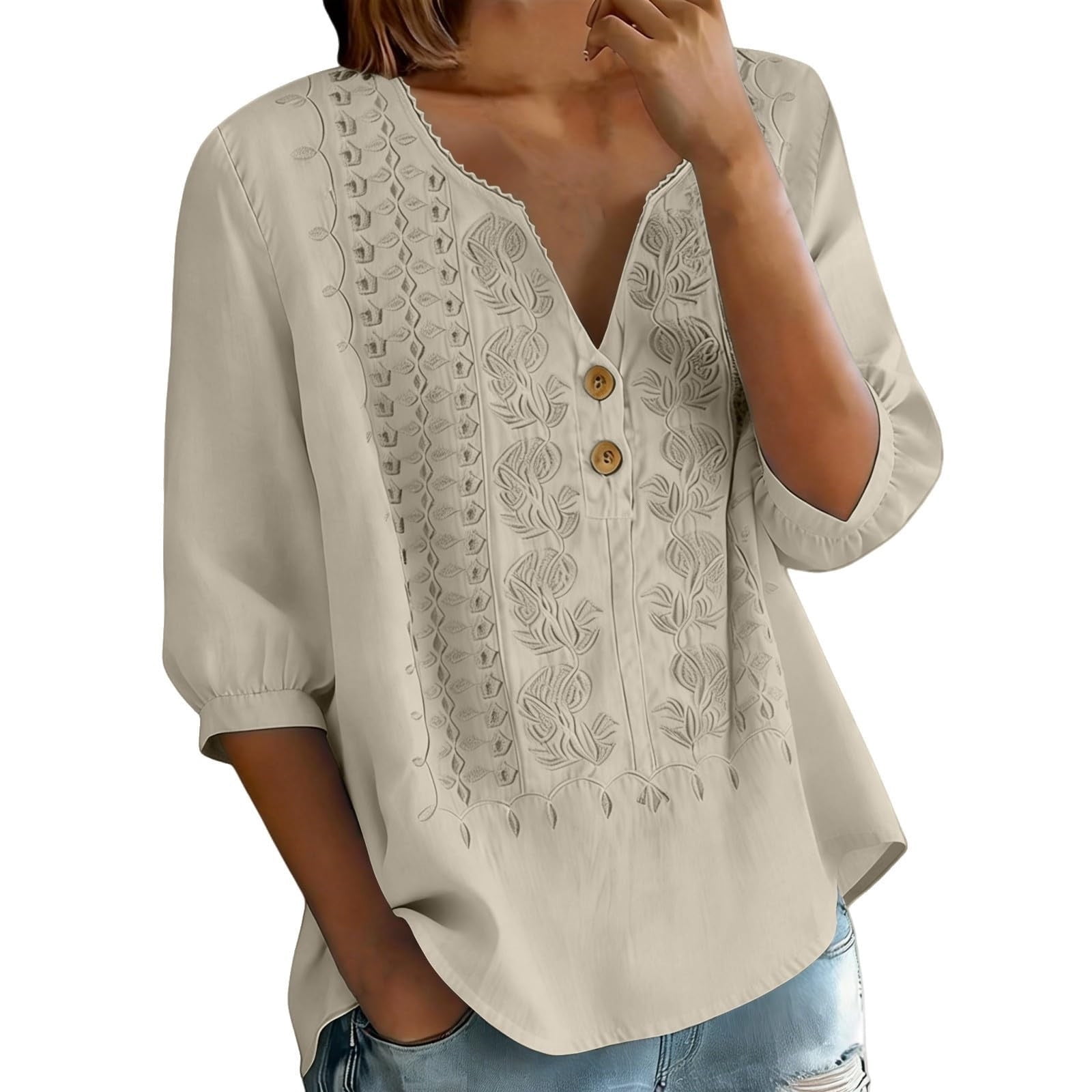 Linen Tops for Women Embroidered 3/4 Sleeve Bohemian Peasant Shirts V ...