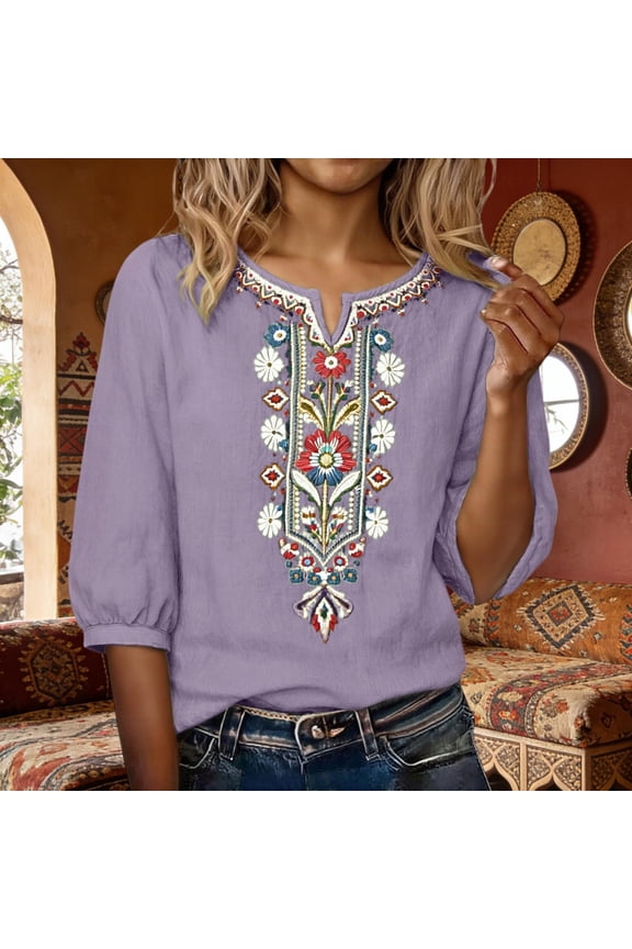 Linen Tops for Women Embroidered 3/4 Sleeve Boho Peasant Dressy Blouses Flowy Summer Shirts 2026 Trendy Purple L