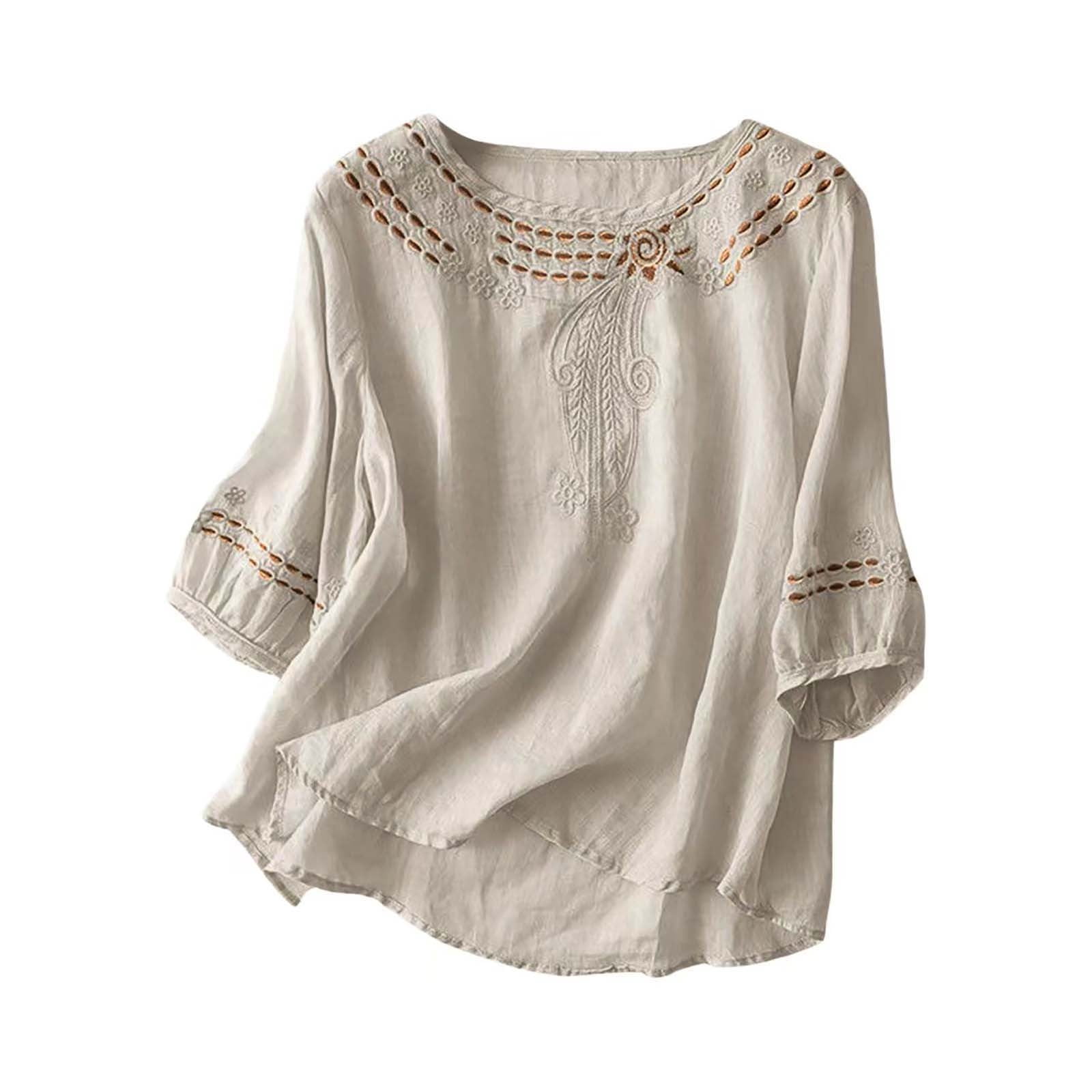 Linen Tops for Women Fashion Retro Embroidered Shirts Summer Fall Boho ...