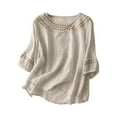 thumbnail image 1 of Linen Tops for Women Fashion Retro Embroidered Shirts Summer Fall Boho Peasant Blouses 3/4 Sleeve Round Neck Casual Loose Fit Clothes Beige L, 1 of 4