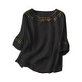 thumbnail image 1 of Linen Tops for Women Fashion Retro Embroidered Shirts Summer Fall Boho Peasant Blouses 3/4 Sleeve Round Neck Casual Loose Fit Clothes Black 3XL, 1 of 4