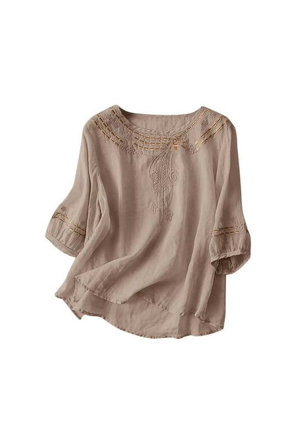 Linen Tops for Women Fashion Retro Embroidered Shirts Summer Fall Boho Peasant Blouses 3/4 Sleeve Round Neck Casual Loose Fit Clothes Khaki L