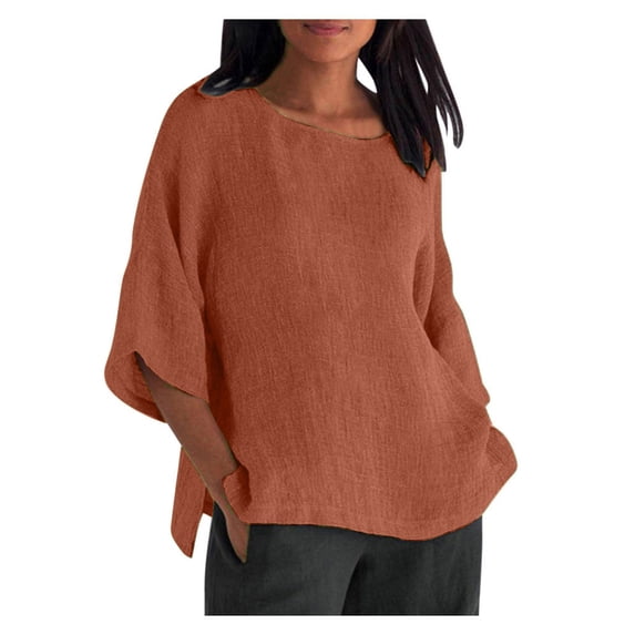 Linen Tops for Women Loose Fit 2023 3/4 Sleeve Crew Neck T Shirts Summer Solid Color Gauze Top Side Split Blouse Tunic Tops