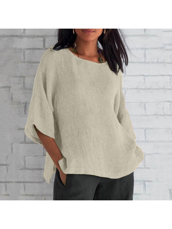 Linen Tops for Women Loose Fit 2023 3/4 Sleeve Crew Neck T Shirts Summer Solid Color Gauze Top Side Split Blouse Tunic Tops