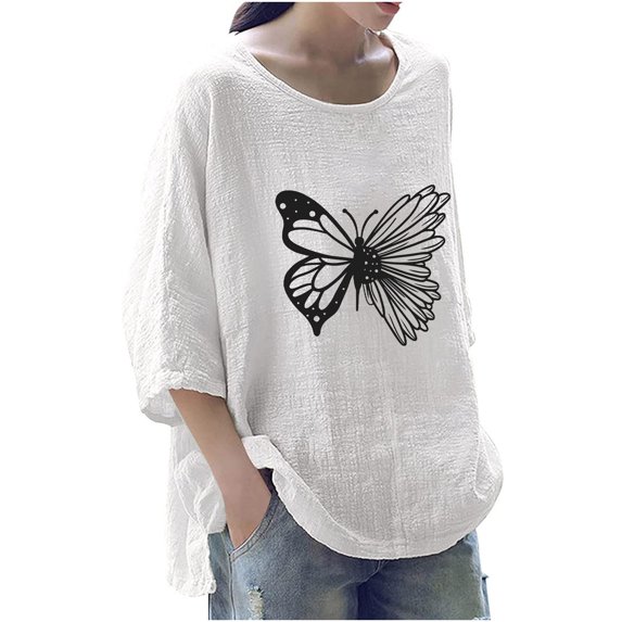 Linen Tops for Women Loose Fit 2023 Sunflower Graphic 3/4 Sleeve Crew Neck T Shirts Summer Gauze Top Side Split Blouse Tunic Tops