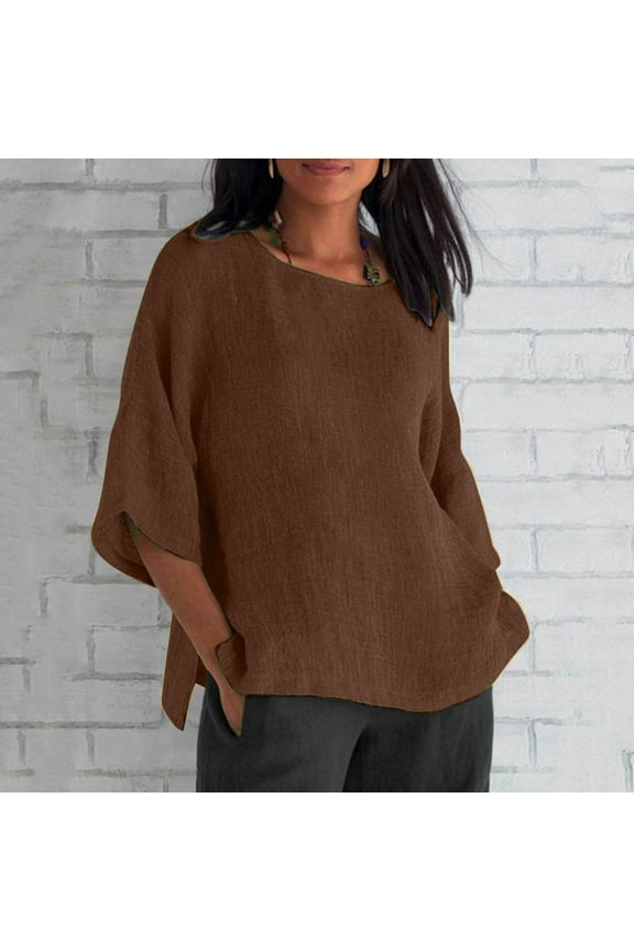 Linen Tops for Women Loose Fit 2024 3/4 Sleeve Crew Neck T Shirts Summer Solid Color Gauze Top Side Split Blouse Tunic Tops