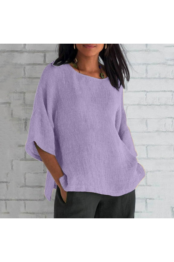 Linen Tops for Women Loose Fit 2024 3/4 Sleeve Crew Neck T Shirts Summer Solid Color Gauze Top Side Split Blouse Tunic Tops