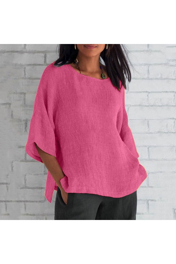 Linen Tops for Women Loose Fit 2024 3/4 Sleeve Crew Neck T Shirts Summer Solid Color Gauze Top Side Split Blouse Tunic Tops