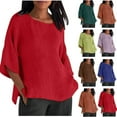 thumbnail image 1 of Linen Tops for Women Loose Fit 2025 3/4 Sleeve Crew Neck T Shirts Summer Solid Color Gauze Top Side Split Blouse Tops, 1 of 7