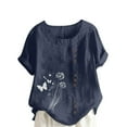 thumbnail image 1 of Linen Tops for Women Loose Fit Butterfly Print T Shirt Short Sleeve Summer Blouse Crew Neck Casual Shirts with Buttons Vintage Comfy Shirt, 1 of 4