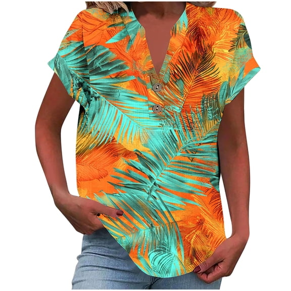 Linen Tops for Women Loose Fit V Neck Button Up Blouse Fashion Graphic T Shirt Roll Up Short Sleeve Shirt Summer Beach Vacation Outfits