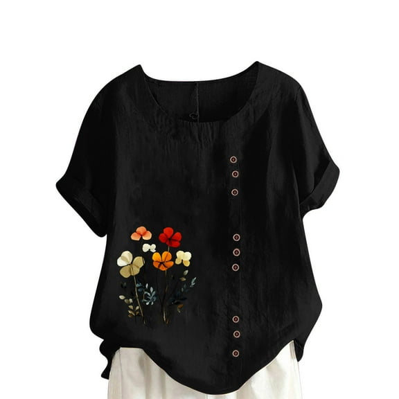 Linen Tops for Women Plus Size Cotton Linen Short Sleeve Floral T Shirts Dandelion Graphic T-Shirt Casual Blouses Summer Tee Lagenlook Blouses Top