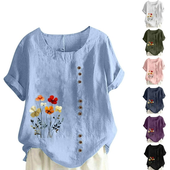 Linen Tops for Women Plus Size Cotton Linen Short Sleeve Floral T Shirts Dandelion Graphic T-Shirt Casual Blouses Summer Tee Lagenlook Blouses Top