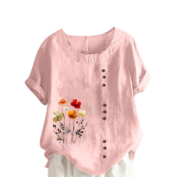 Linen Tops for Women Plus Size Cotton Linen Short Sleeve Floral T Shirts Dandelion Graphic T-Shirt Casual Blouses Summer Tee Lagenlook Blouses Top