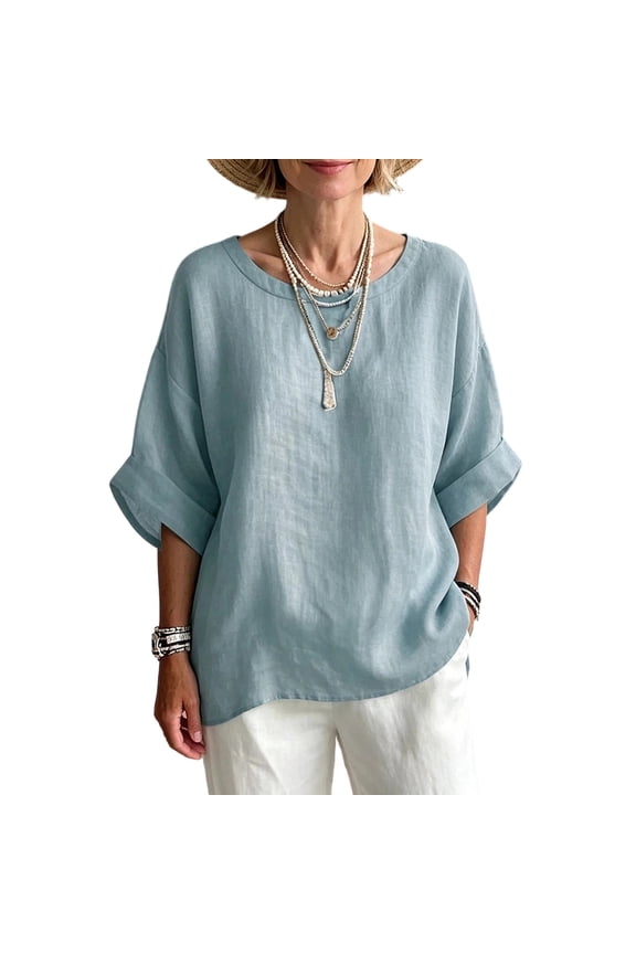 Linen Tops for Women Plus Size Crewneck Half Sleeve T Shirt Casual Solid Color Cotton Linen Loose Fit Blouses Light Blue M(M)