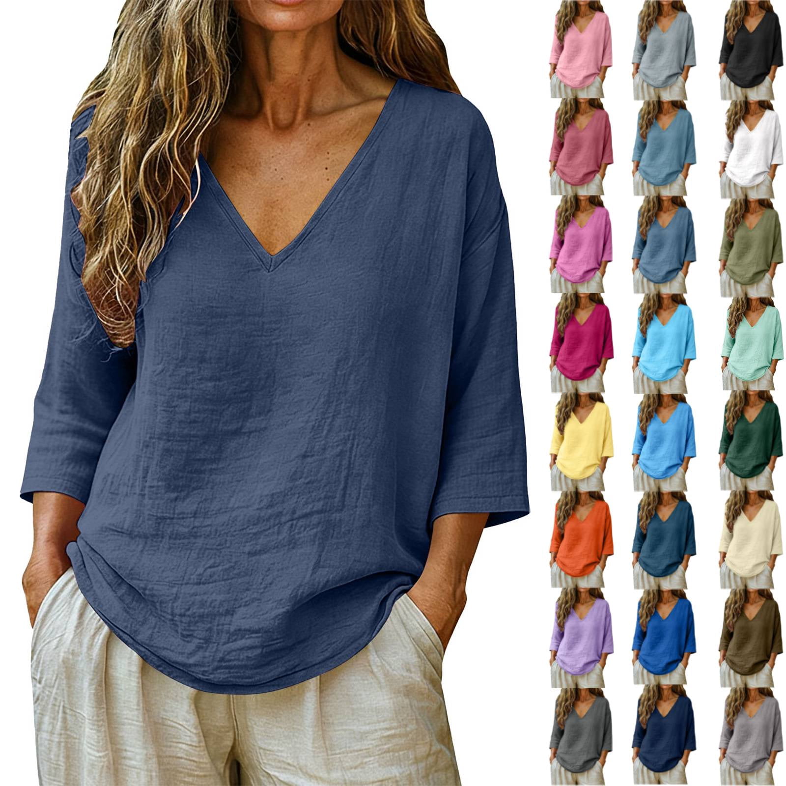Linen Tops for Women - Plus Size Summer Gauzy Shirts 3/4 Sleeve V Neck ...