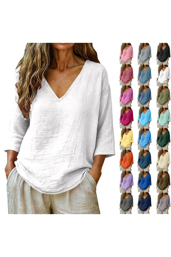 Linen Tops for Women - Plus Size Summer Gauzy Shirts 3/4 Sleeve V Neck Blouses Dressy Casual Tunic Loose Clothes White S