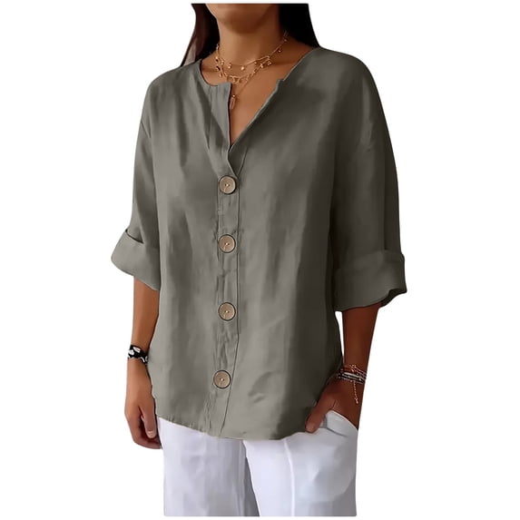 Linen Tops for Women Plus Size V Neck Button Down Blouses Oversized 3/4 Sleeve Shirts Vacation Beach Outfits