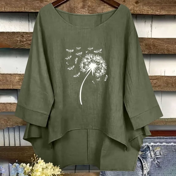 Linen Tops for Women Retro Embroidered Summer Boho Peasant Blouses 3/4 Sleeve Round Neck Casual Loose Fit Clothes Cute Tops For Women