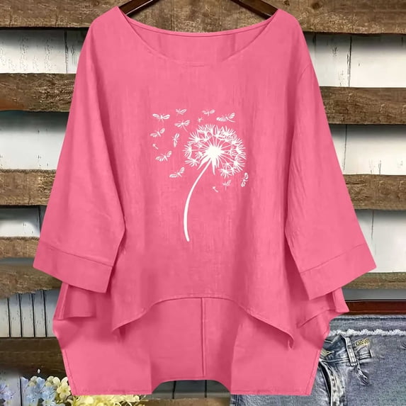 Linen Tops for Women Retro Embroidered Summer Boho Peasant Blouses 3/4 Sleeve Round Neck Casual Loose Fit Clothes Cute Tops For Women