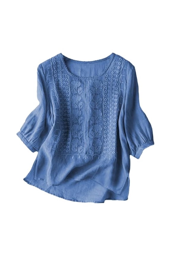 Linen Tops for Women Retro Embroidered Tunic Flowy 3/4 Sleeve Boho Shirts Casual Dressy Gauze Blouse Blue S