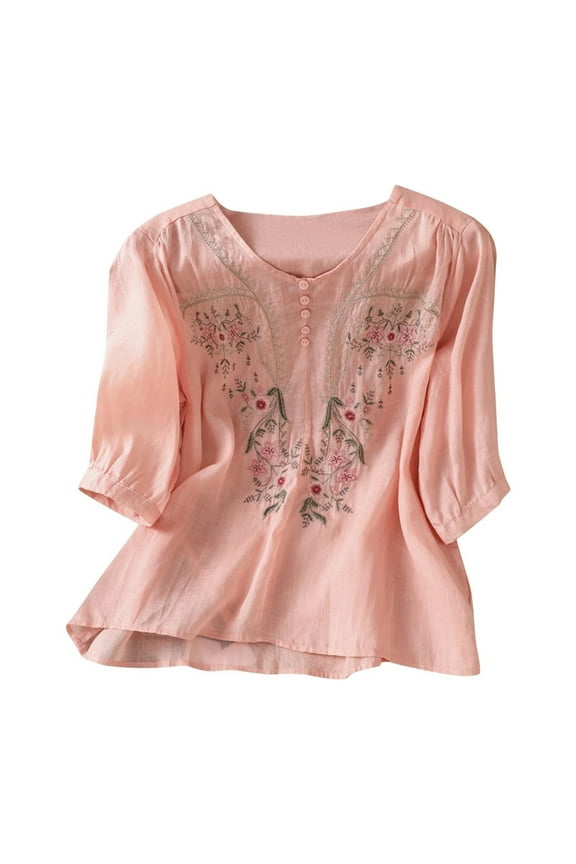 Linen Tops for Women Retro Embroidered Tunic Flowy 3/4 Sleeve Boho Shirts Casual Dressy Peasant Gauze Blouse(Pink,L)