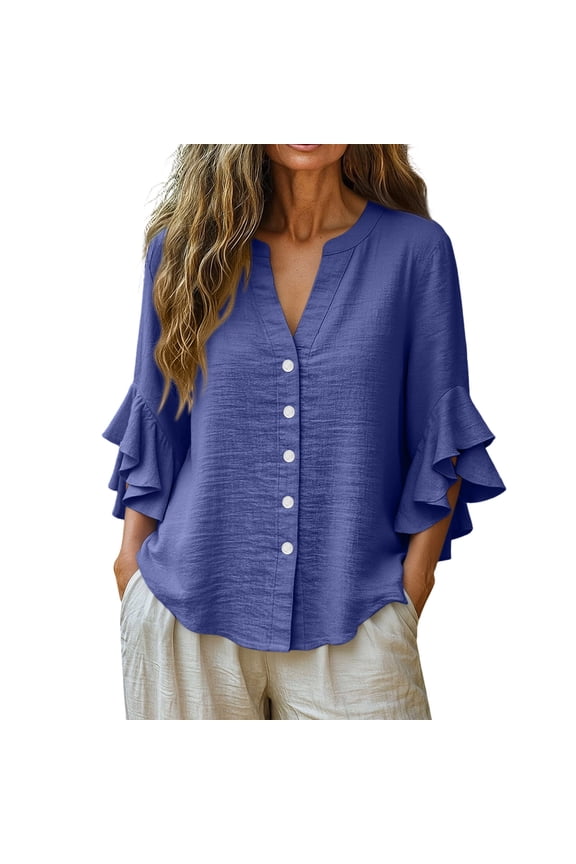 Linen Tops for Women Ruffle 3/4 Sleeve Blouse V Neck Button Up Shirt Loose Plain Elegant Blouses Casual Smart Dressy Top Plus Size Tunic Tops