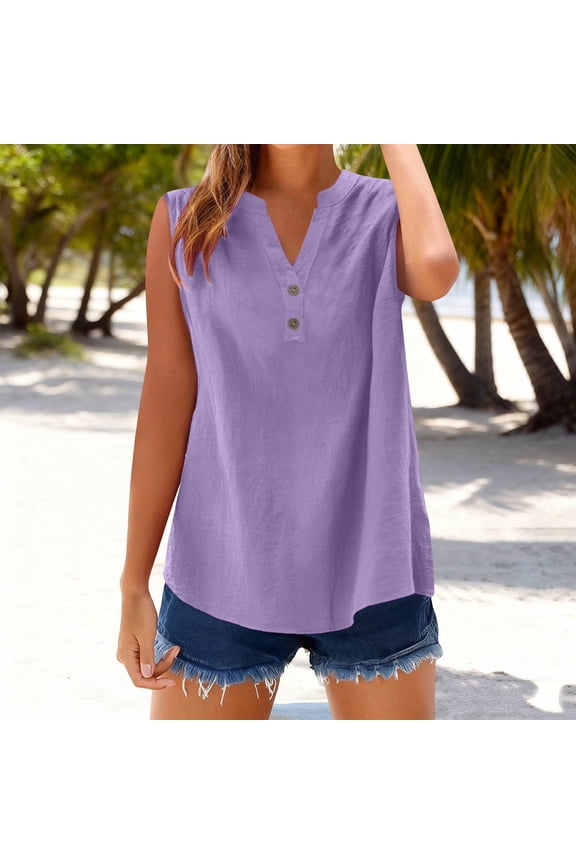 Linen Tops for Women Sleeveless Tank Button Up V-Neck Breathable Split Hem Peasant Top