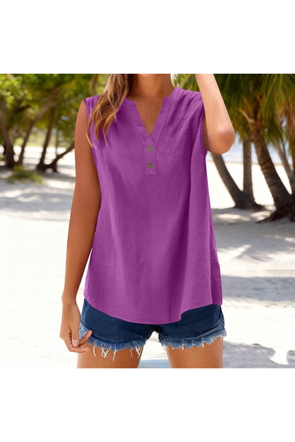 Linen Tops for Women Sleeveless Tank Button Up V-Neck Breathable Split Hem Peasant Top