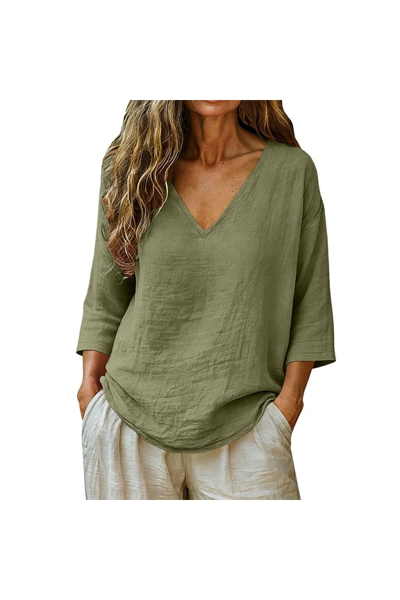 Linen Tops for Women Summer 3/4 Sleeve V Neck Gauzy Shirts Dressy Casual Loose Blouses, 2XL