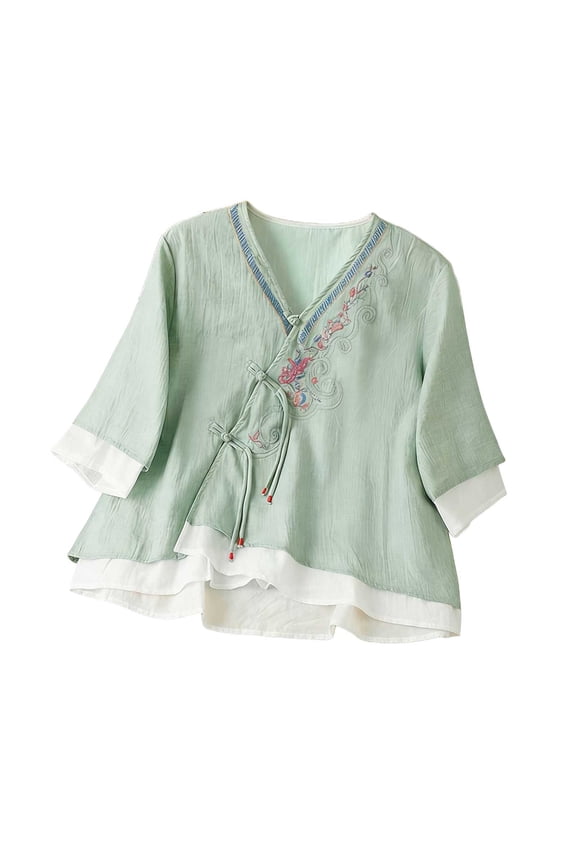Linen Tops for Women Summer 3/4 Sleeve Vintage Button Blouses Wrap V-Neck Floral Embroidered Boho Shirts