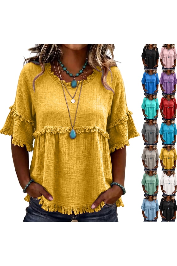 Linen Tops for Women Summer Boho Fringe Shirts Casual Short Sleeve Cotton Gauze Shirt Frayed Trim Tiered Round Neck Tunic Tops,Yellow S