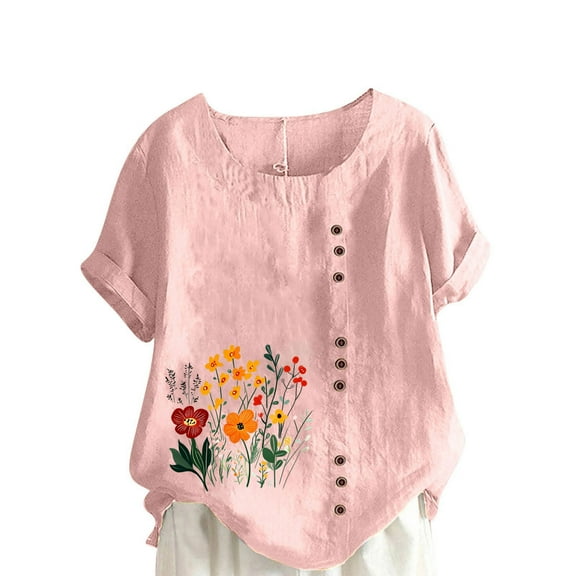 Linen Tops for Women Summer Floral Graphic Tees Short Sleeve Round Neck Shirts Button Down Blouse Plus Size Casual Loose Fit Tunic Tops