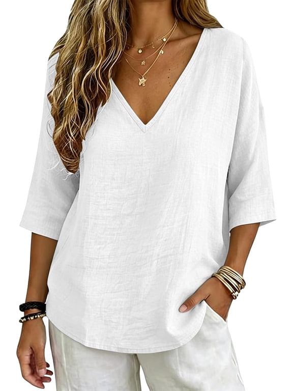 Linen Tops for Women Summer Gauze Shirts 3/4 Sleeve V Neck Blouses Dressy Casual Tunic Loose Vacation Clothes
