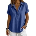thumbnail image 1 of Linen Tops for Women Summer Gauze Shirts Button Down Short Sleeve V Neck Blouses Dressy Casual Tunic Clothes Dark Blue XXL, 1 of 8