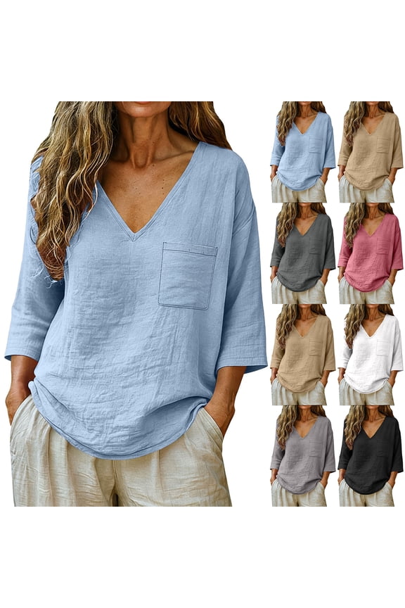 Linen Tops for Women - Summer Gauzy Shirts 3/4 Sleeve V Neck Blouses Dressy Casual Tunic Loose Clothes Black 2XL