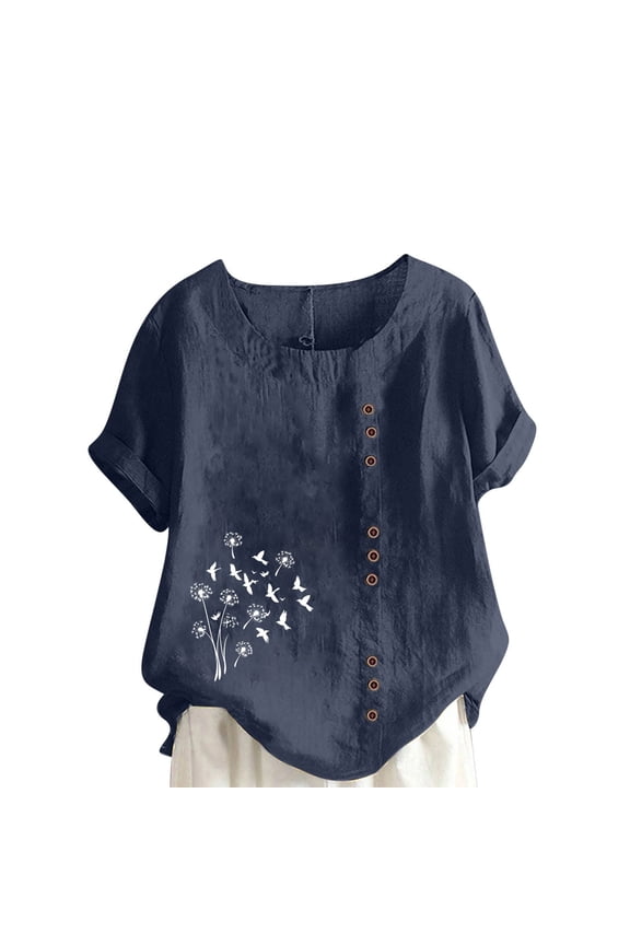 Linen Tops for Women Summer Oversized Crew Neck Linen Tops for Women Short Sleeve Cotton Blend Tee Shirts Women Blouses Under $10 Navy-L4
