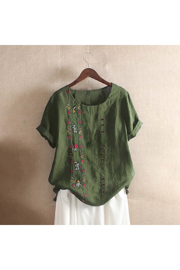 Linen Tops for Women Summer Plus Size Embroidered Cotton Button Down Shirts Oversized Blouse Fashion Boho Clothes, 2026 New Limited Time Offer