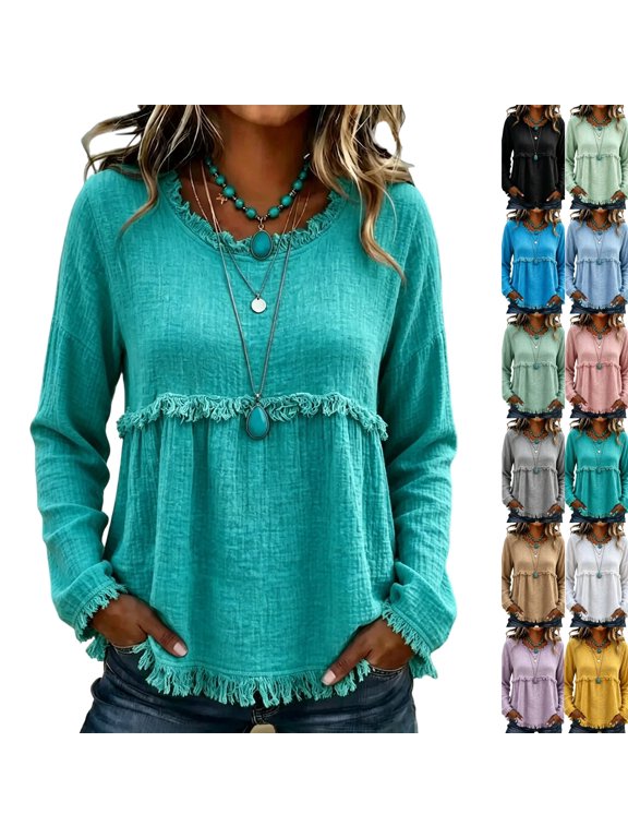 Linen Tops for Women Summer Vacation Vintage Boho Tops for Women Relaxed Fit Frayed Trim Tiered V Neck Long Sleeve Tunic Top Turquoise S