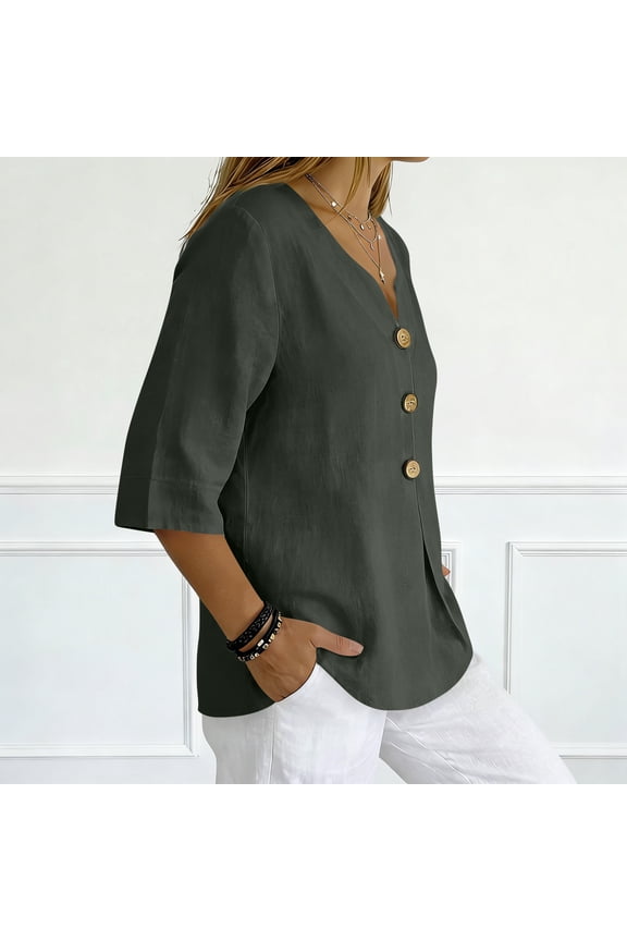 Linen Tops for Women Summer Work Shirts Trendy Button Down V Neck Boho Clothes Spring Tops for Women 2026 Army Green M